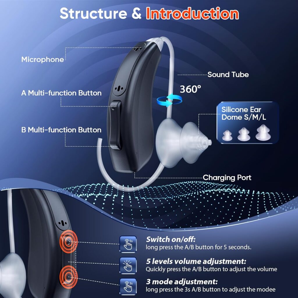 Hearing Aids, ODOTOINO Rechargeable Hearing Aid for Seniors Adults with Noise Cancelling, 16-Channel Digital Invisible Hearing Amplifier with Volume Control, Portable Charging Case, Black