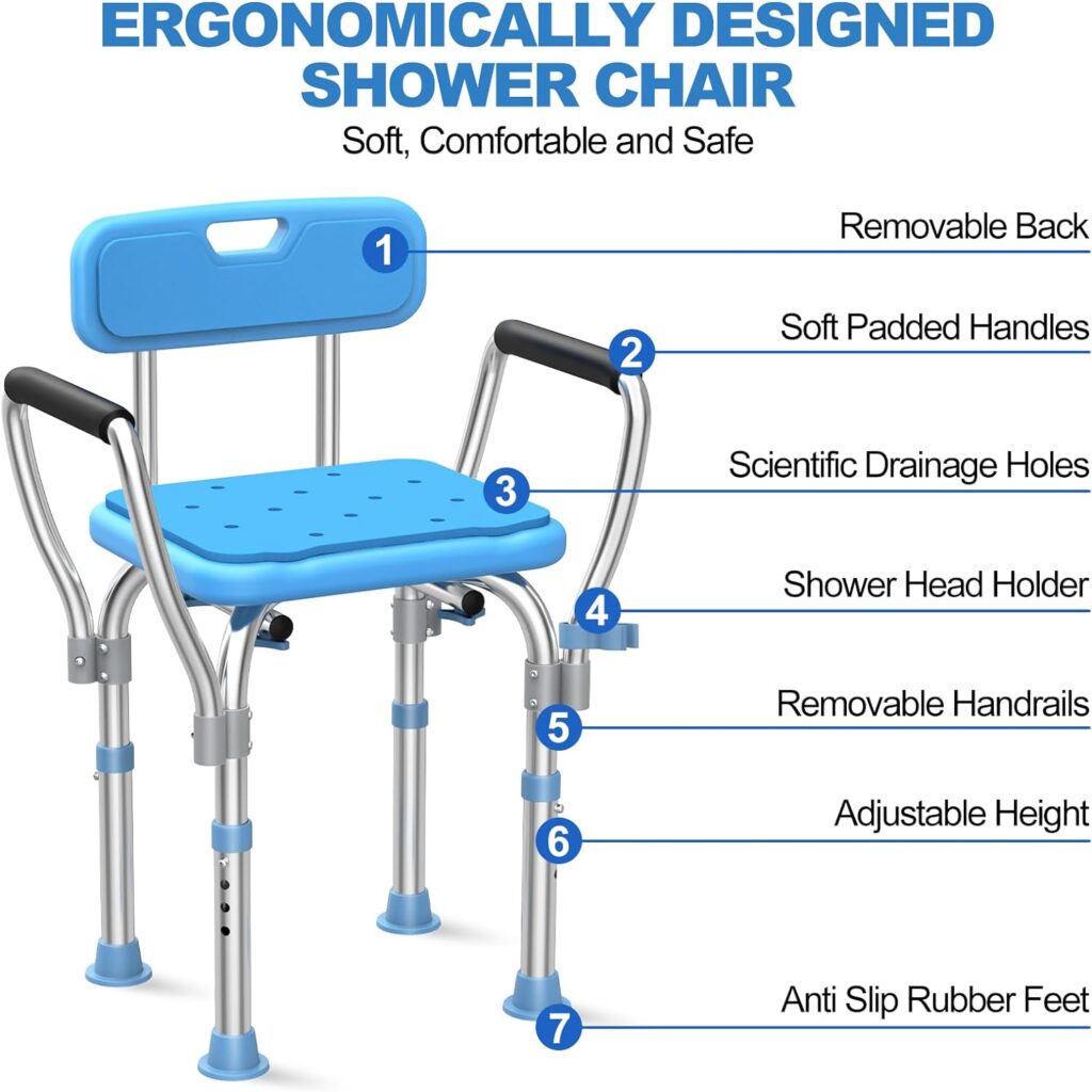 Heavy Duty Shower Chair with Armrests  Back, Upgraded 450lbs Stainless Steel Shower Seat for Inside Shower, Anti Slip Adjustable Bathtub Stool, Widened  Padded Bathroom Chair for Elderly  Disabled