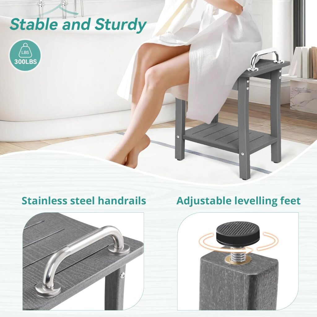 Homenjoy HDPE Shower Bench Seat, Waterproof Bathroom Shower Stool Benches for Inside Shower to Sit on, Armrest Spa Shower Chair for Elderly, Seniors, Disabled, Indoor/Outdoor Use, Gray