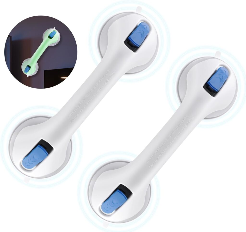 Hotodeal Grab Bars，Shower Handle Suction for Bathtubs and Showers, Bathroom, Elderly, Seniors, Handicap, Night Glows Balance Assist (11.6, White-Night Glow-2Pack)