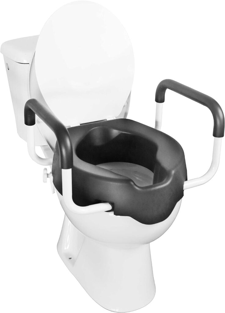 KMINA - Toilet Seat Risers for Seniors with Handles 4 inch, Soft Raised Toilet Seat with Lid, Handicap Toilet Seat Riser with Bars, Elevated Toilet Seat, Black High Toilet Seat for Seniors