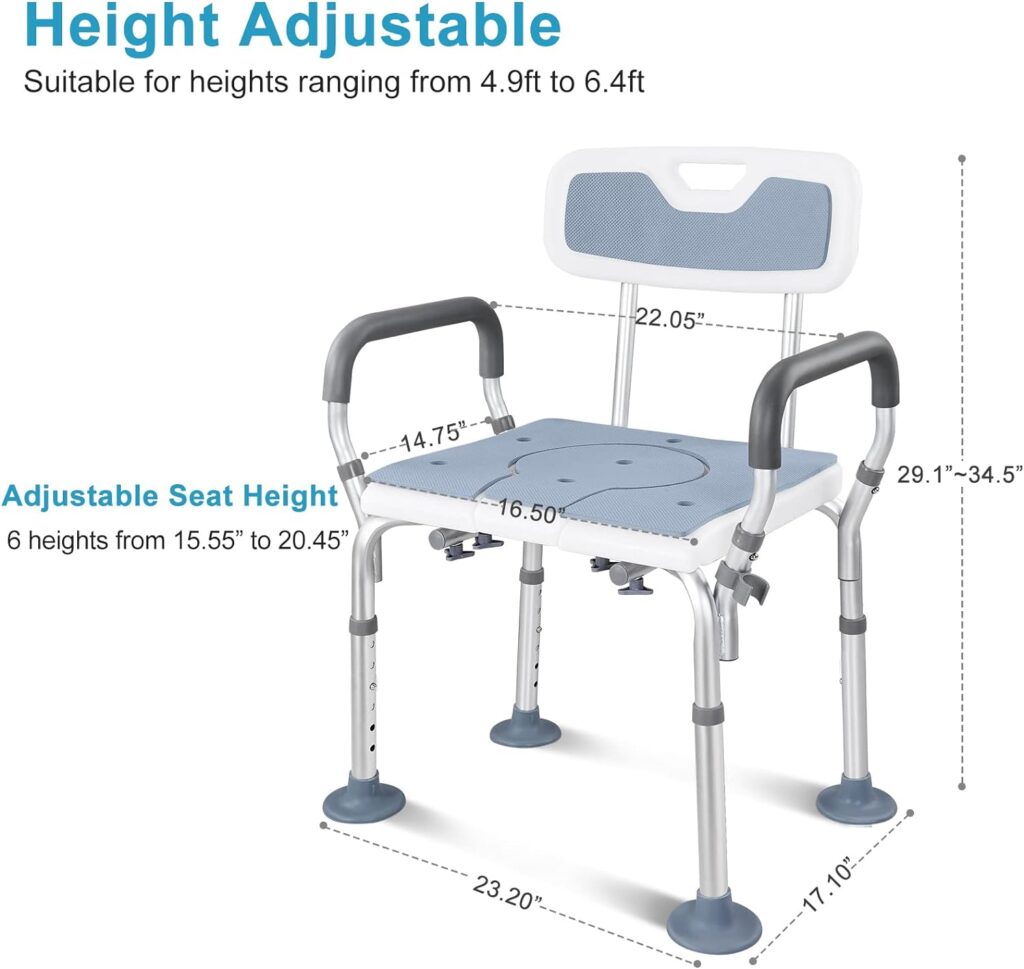 LEACHOI 3 in 1 Shower Chair with Arms and Back, Adjustable Toilet Seat Riser Safety Fame, Heavy Duty Shower Seat with Extra 4 Rubber Tips  Shower Grab Bar for Seniors, Disabled and Pregnant 350lbs