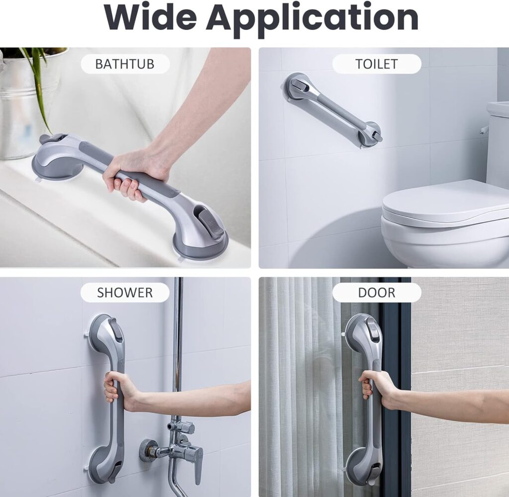 LEVERLOC 2 Pack Shower Grab Bars for Bathtubs and Showers, Easy to Install Suction Shower Handles for Bathroom Removable Handrails for Seniors Elderly Heavy Duty Safety Grip Waterproof Drill Free Gray