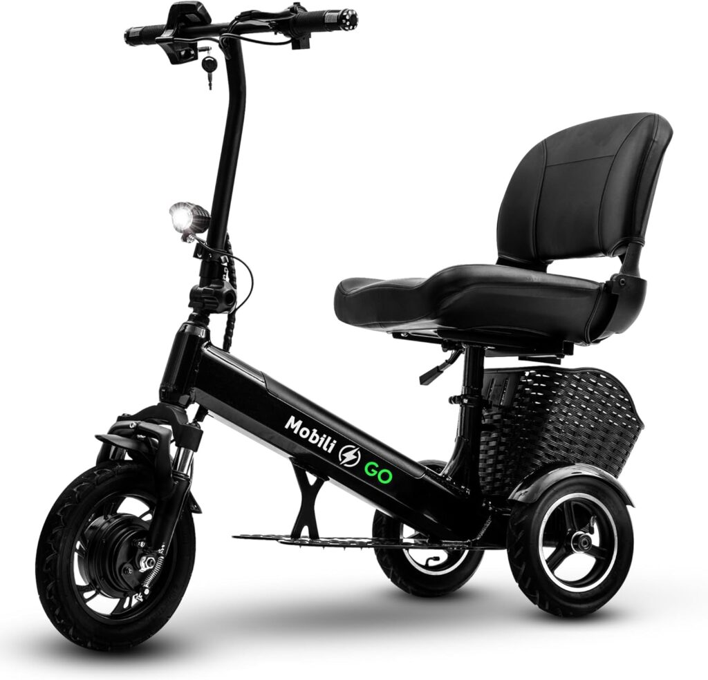 MobiliGo - 3 Wheel Foldable Electric Mobility Scooters for Adults, Seniors, and Elderly - Folding Scooter Lightweight - Long Range Travel, Power Extended Battery with Charger and Basket Included