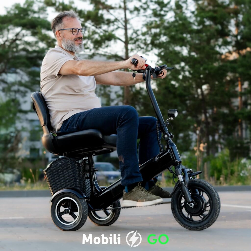 MobiliGo - 3 Wheel Foldable Electric Mobility Scooters for Adults, Seniors, and Elderly - Folding Scooter Lightweight - Long Range Travel, Power Extended Battery with Charger and Basket Included