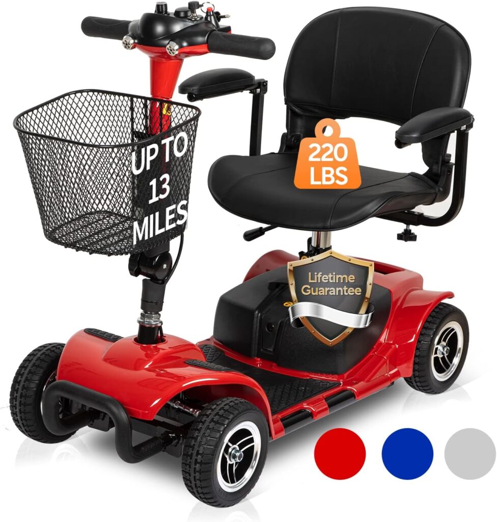 Mobility Scooter, VOCIC Electric Scooter for Seniors-4 Wheel Folding Electric Wheelchair Device with Long Range Power Battery and Basket for Travel-Red