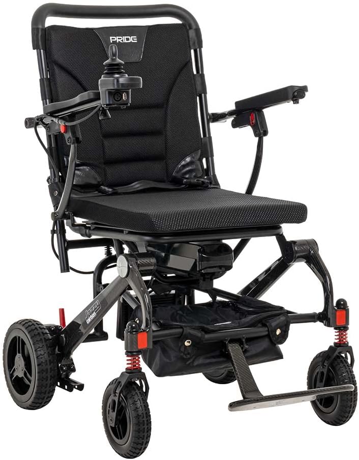 Pride Mobility 2023 Jazzy Carbon Travel Lightweight Foldable Electric Wheelchair | up to 3.7 mph Motorized Power Chair for Seniors, Adults, Elderly | All Terrain Mobility Transport (Black)