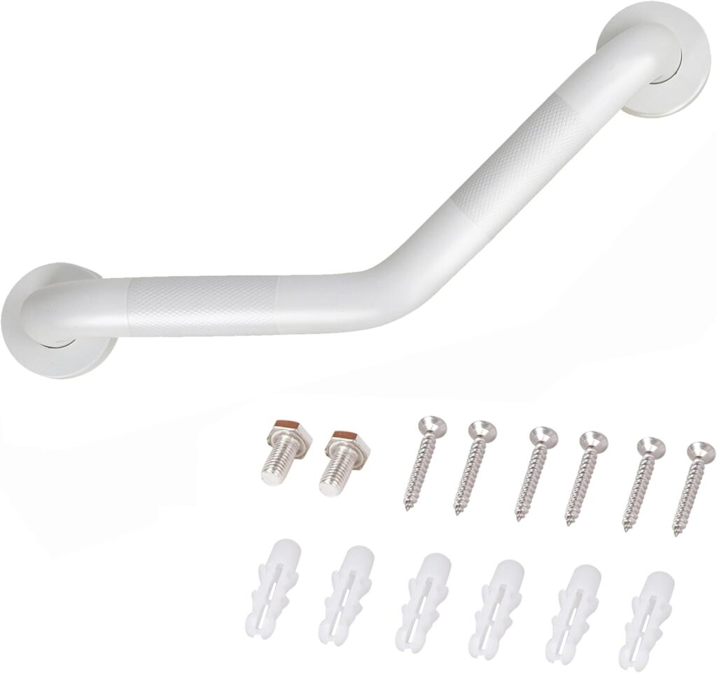 Rackickyer Shower Grab Bar, 16 Inch White Bathroom Angled Grab Bar, 1.25 Diameter Stainless Steel Anti-Slip Grab Bars for Bathtubs and Showers, Handicap Shower Grab Bar for Seniors Elderly