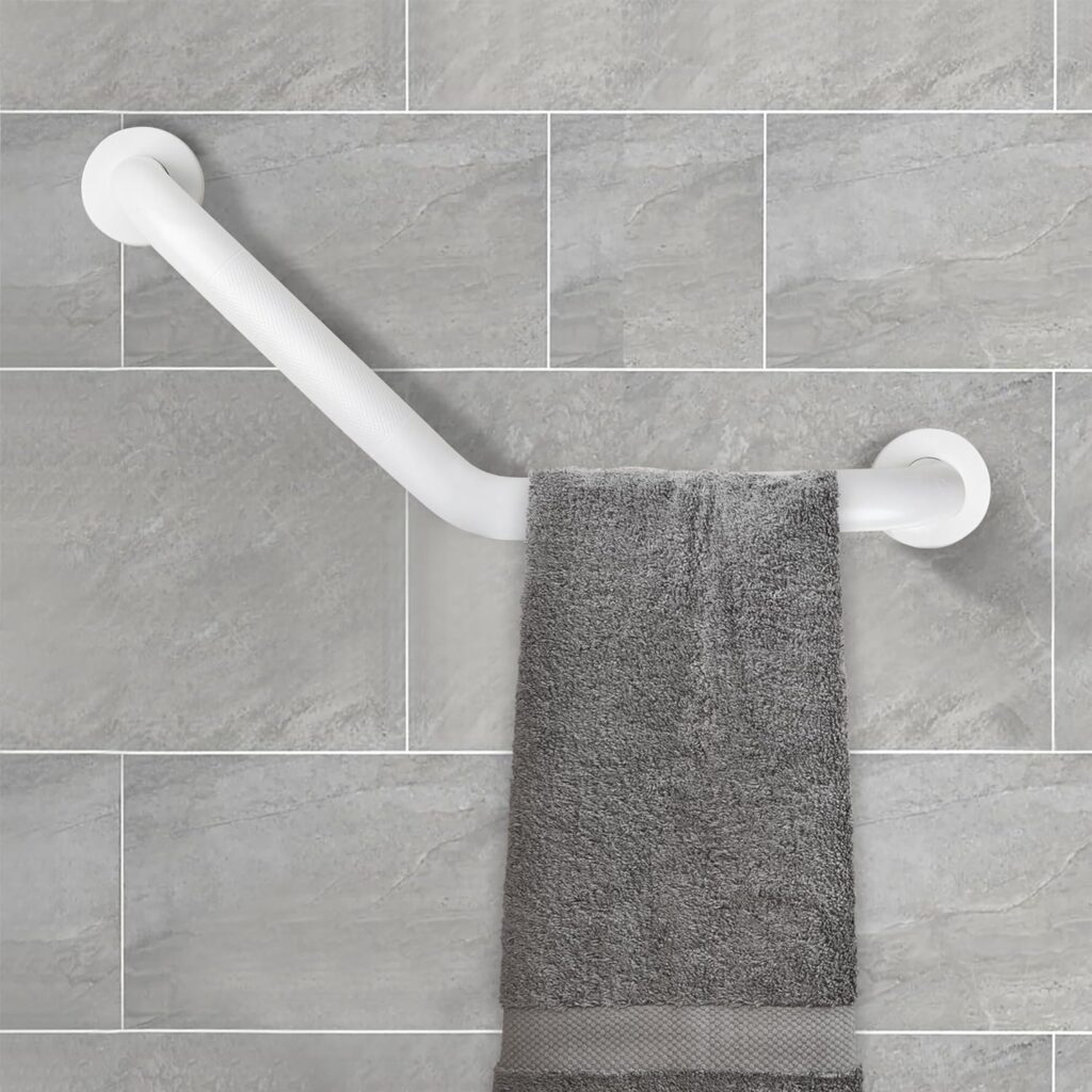 Rackickyer Shower Grab Bar, 16 Inch White Bathroom Angled Grab Bar, 1.25 Diameter Stainless Steel Anti-Slip Grab Bars for Bathtubs and Showers, Handicap Shower Grab Bar for Seniors Elderly