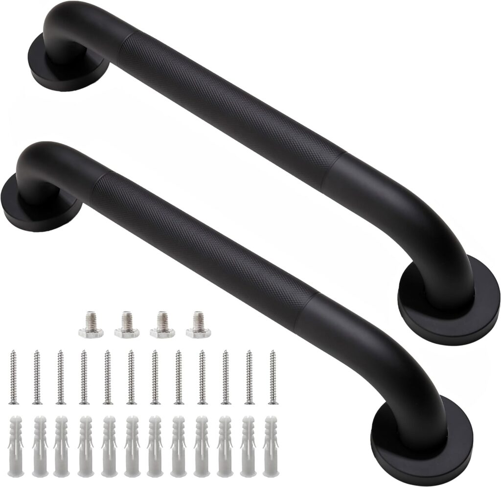 Rackickyer Shower Grab Bar, 2 Pack 16 Inch Black Bathroom Grab Bar, 1.25 Diameter 304 Stainless Steel Anti-Slip Grab Bars for Bathtubs and Showers, Handicap Shower Grab Bar for Seniors Elderly