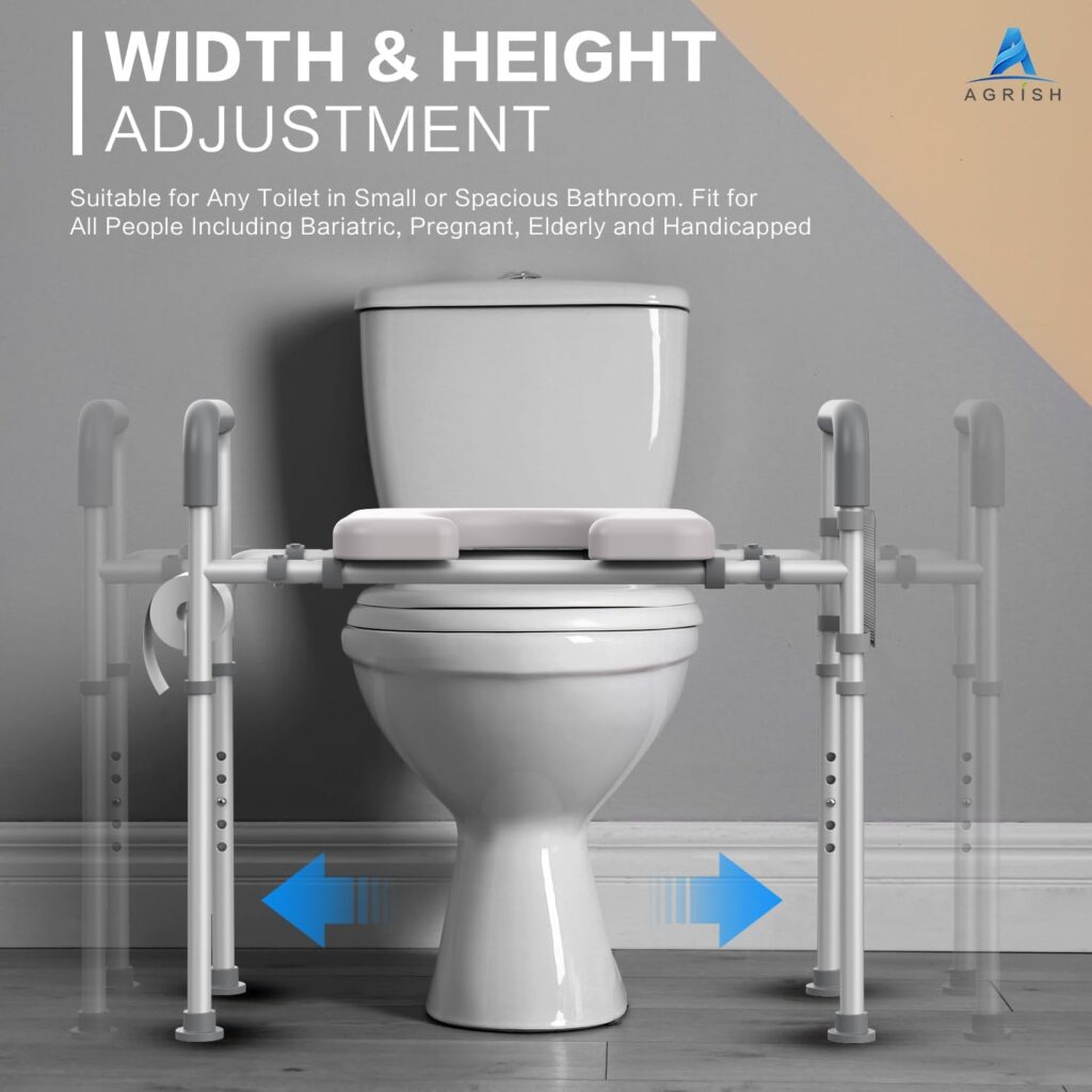 Raised Toilet Seat - [Adjustable Width] with Handles, Heavy Duty 350lb Medical Safety Frame, Bathroom Assist Toilet Seat Raiser for Seniors, Handicap, Disabled Stand Alone - No Attach Needed