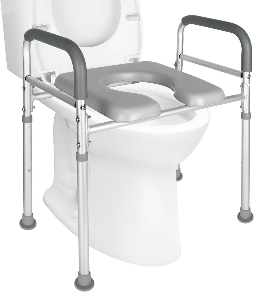 Raised Toilet Seat with Handles, 7 Levels Adjustable Height Toilet Seat Riser with Cozy Padded, Toilet Safety Frame Toilet Helper for Seniors, Handicap, Pregnant, Fits Most Toilets,Support 350lbs