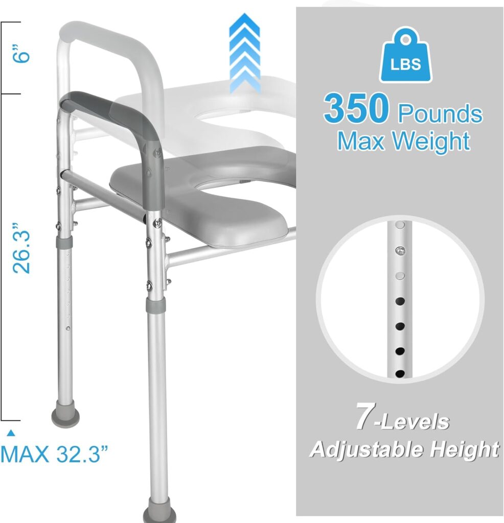 Raised Toilet Seat with Handles, 7 Levels Adjustable Height Toilet Seat Riser with Cozy Padded, Toilet Safety Frame Toilet Helper for Seniors, Handicap, Pregnant, Fits Most Toilets,Support 350lbs