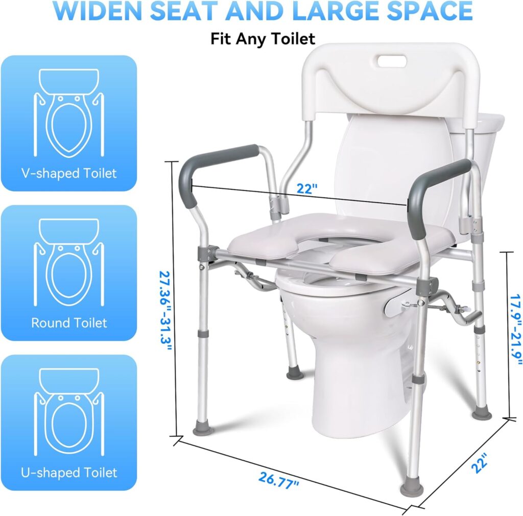 Raised Toilet Seat with Handles and Back, Fixed Clamps and Padded, Up to 360lbs Toilet Riser with Arms, Height Adjustable Raised Toilet Seat for Seniors, Handicap, Pregnant, Widen for Fit Any Toilet