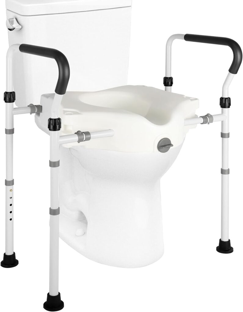 Raised Toilet Seat with Handles, Elongated Raised Toilet seat with 5 Height Adjustable Legs Elevated Toilet Seat Riser for Seniors, Handicap, Fits Most Toilets, Support 350 lbs