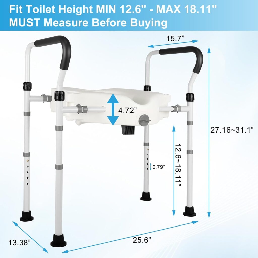 Raised Toilet Seat with Handles, Elongated Raised Toilet seat with 5 Height Adjustable Legs Elevated Toilet Seat Riser for Seniors, Handicap, Fits Most Toilets, Support 350 lbs