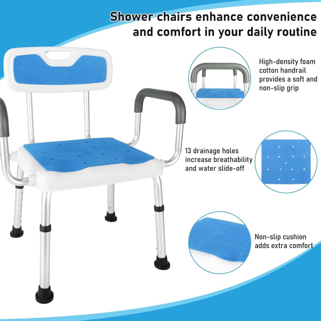 Shower Chair for Inside Shower, with Foam Cushion Tool-Free Adjustable Height Shower Chair with Arms and Back Bath Seat for Adults, Elderly, Senior, Handicap Disabled