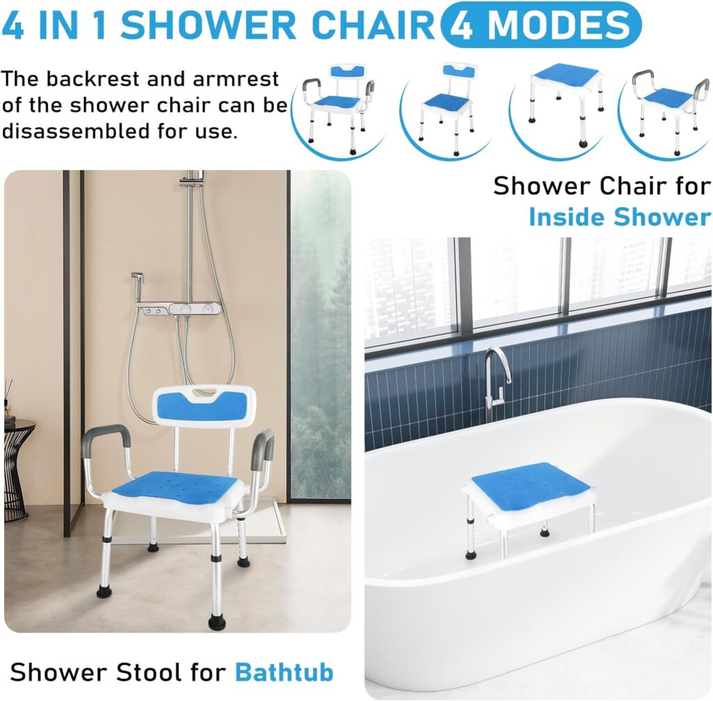 Shower Chair for Inside Shower, with Foam Cushion Tool-Free Adjustable Height Shower Chair with Arms and Back Bath Seat for Adults, Elderly, Senior, Handicap Disabled