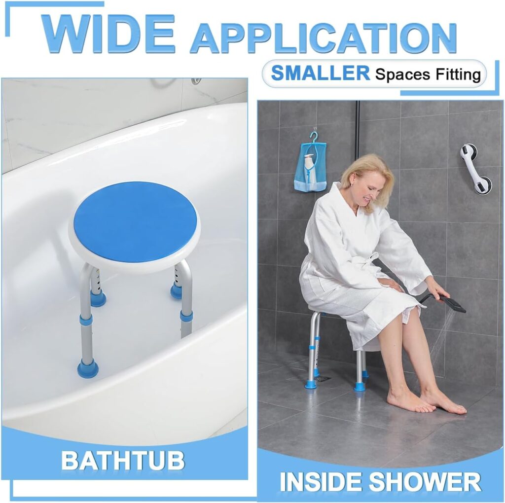 SOUHEILO Adjustable Shower Chair for Inside Shower, HSA/FSA Eligible Round Shower Stool for Inside Bathtub with Assist Grab Bar/Toiletry Bag, Tool-Free Shower Seat for Elderly/Senior/Disabled/Pregnant