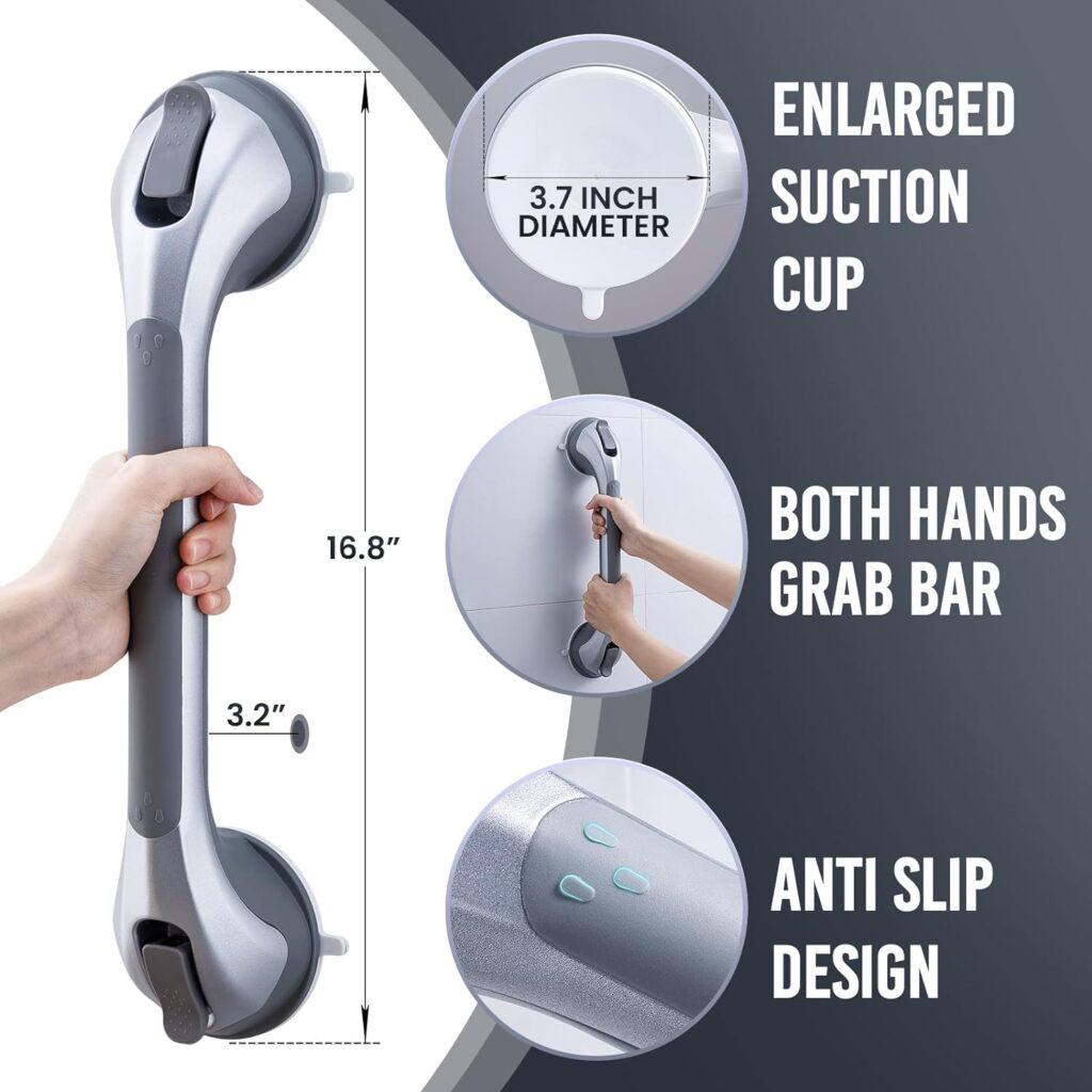 TAILI Shower Grab Bar 2 Pack Suction Grab Bars for Bathtubs and Showers, Heavy Duty Shower Handle Removable Shower Handrails for Seniors and Elderly, Bathroom Safety Grip No Drilling Waterproof, Grey