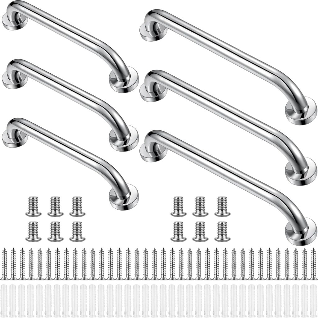 Therwen 6 Pack Grab Bars for Bathtubs and Showers Shower Grab Bars for Seniors Stainless Steel Bathroom Handicap Grab Bars for Elderly for Wall Shower Handle Assist Device (12 Inch, 16 Inch, Silver)