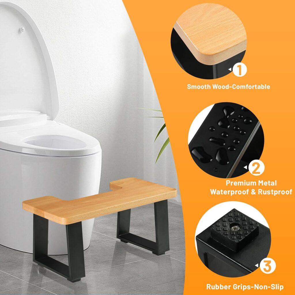 Thickest Squatty Toilet Stool with Beechwood and Metal, YUBEYI 8 Inch Solid Wooden Poop Stool for Adults, Non-slip  Waterproof Potty Stool,Portable Toilet Stool Squatting for Kids Adult Seniors,Black