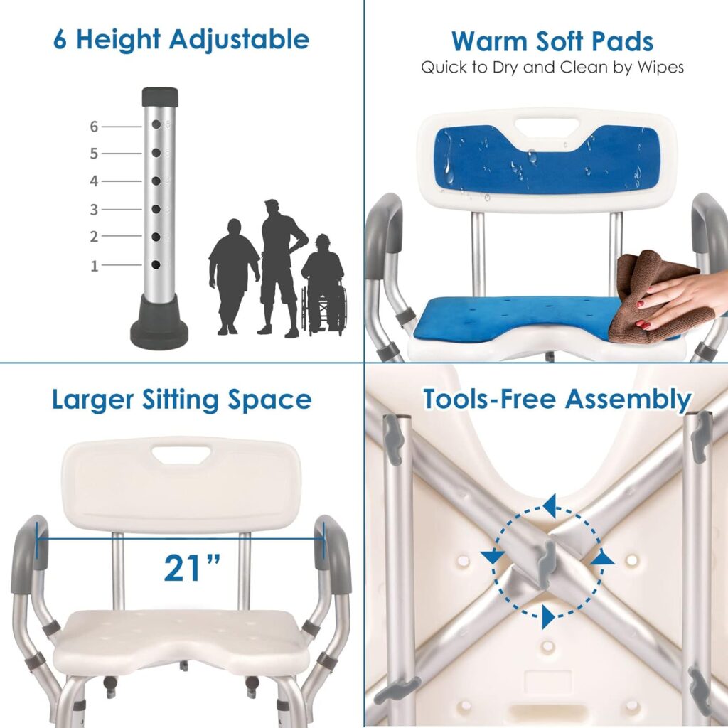 TooCust Large Shower Chair with Arms and Back Heavy Duty 350lbs, Extra Wide Shower Chairs for Seniors, Shower Seat for Inside Shower Bathroom Chair with Cutout Seat, Tool-Free Assembly