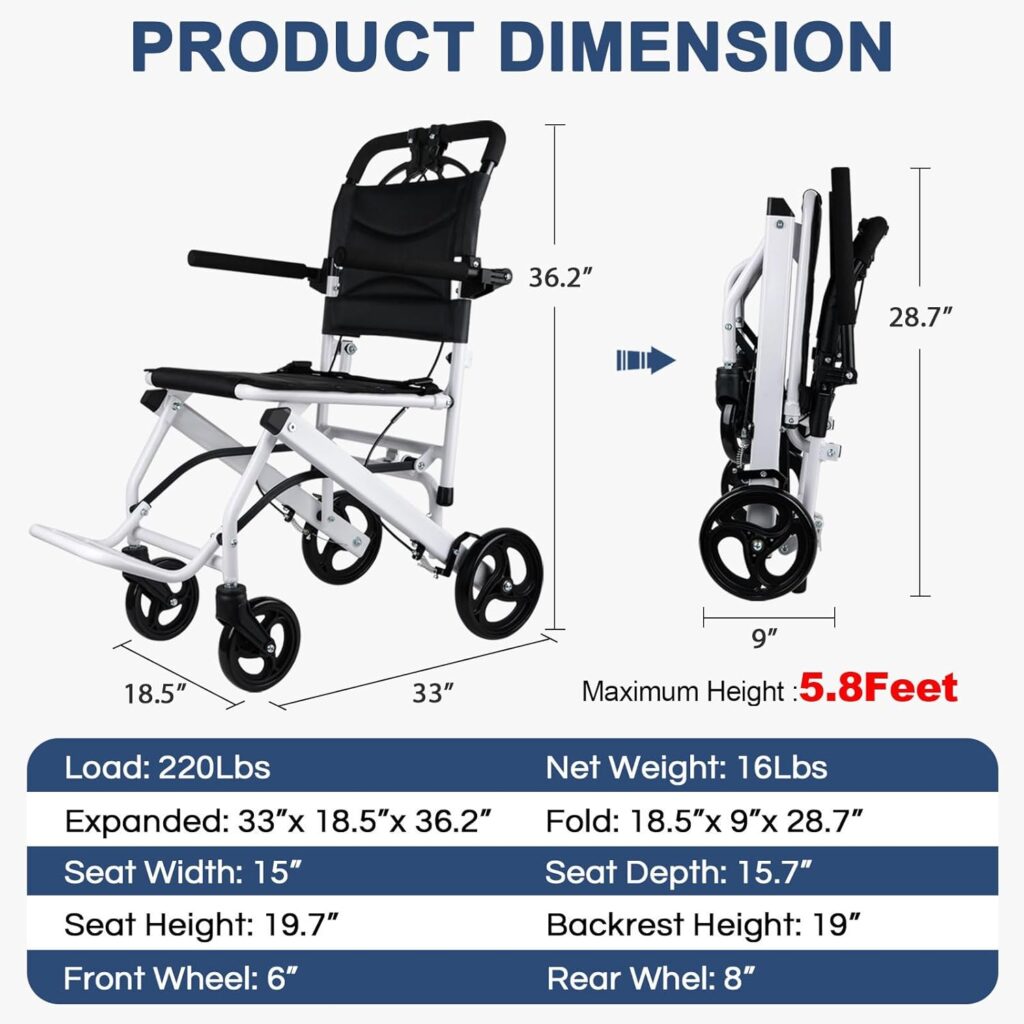 Tripaide Lightweight Transport Travel Wheelchair for Seniors Weight Only 16lbs，Portable Wheelchairs Lightweight Foldable Compact for Adults Support 220lbs