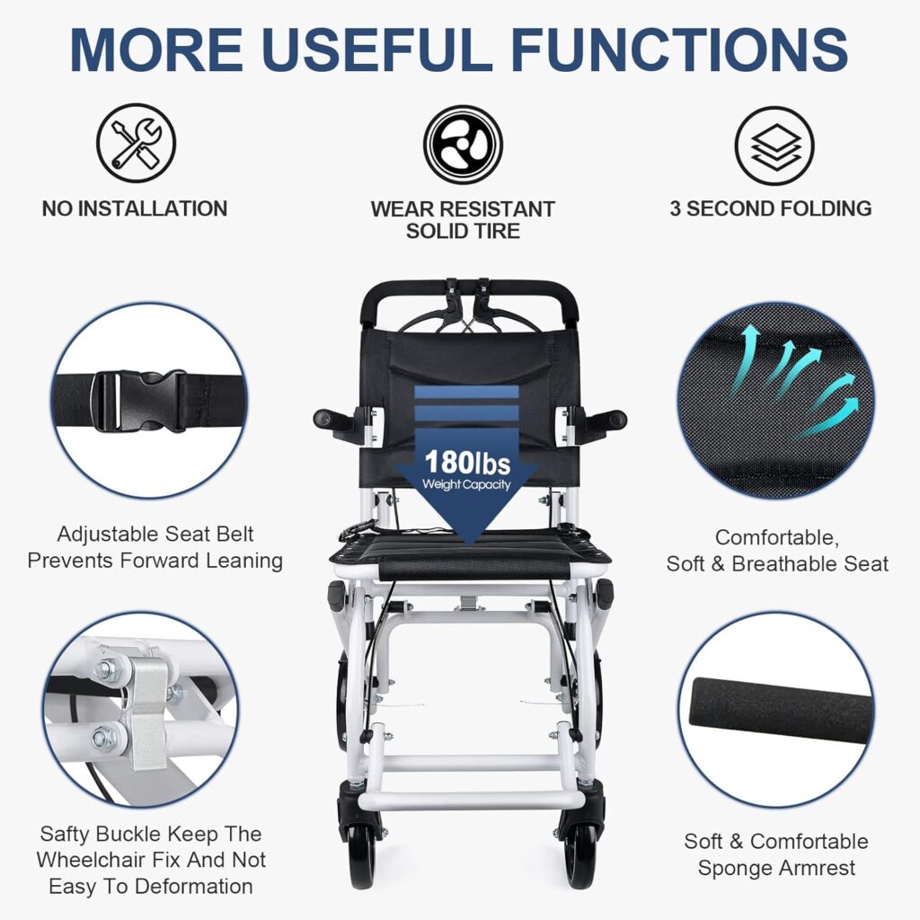 Tripaide Ultra Light Transport Wheelchairs for Seniors Weight Only 16lbs, Travel Wheelchairs for Adults Lightweight Foldable Support 180lbs, Compact Aluminum Wheelchair Portable for Elderly