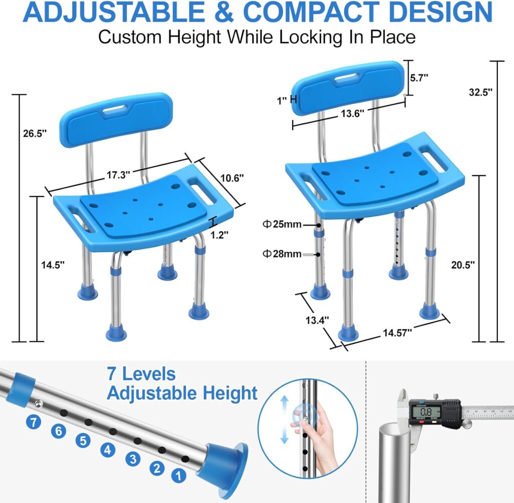 UGarden Heavy Duty Stainless Steel Shower Chair, 400lbs Shower Seat with Back, Adjustable Shower Chair for Inside Shower, Blue Bath Chair, Handicap Bathroom Stool, Shower Stools for Seniors, Adults