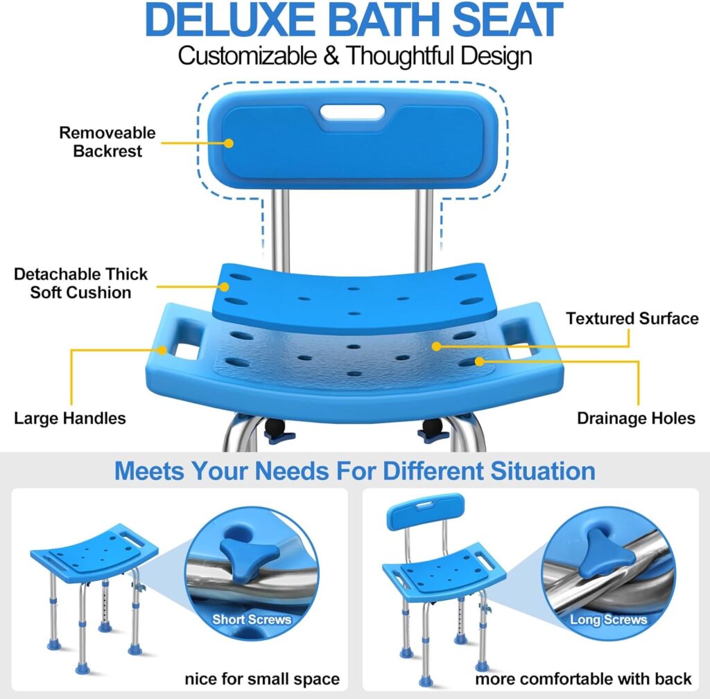 UGarden Heavy Duty Stainless Steel Shower Chair, 400lbs Shower Seat with Back, Adjustable Shower Chair for Inside Shower, Blue Bath Chair, Handicap Bathroom Stool, Shower Stools for Seniors, Adults