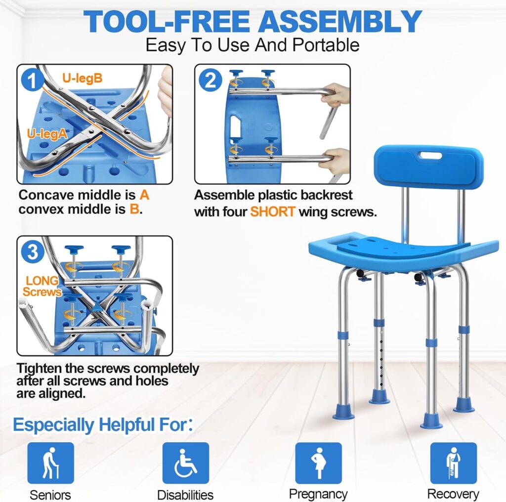 UGarden Heavy Duty Stainless Steel Shower Chair, 400lbs Shower Seat with Back, Adjustable Shower Chair for Inside Shower, Blue Bath Chair, Handicap Bathroom Stool, Shower Stools for Seniors, Adults