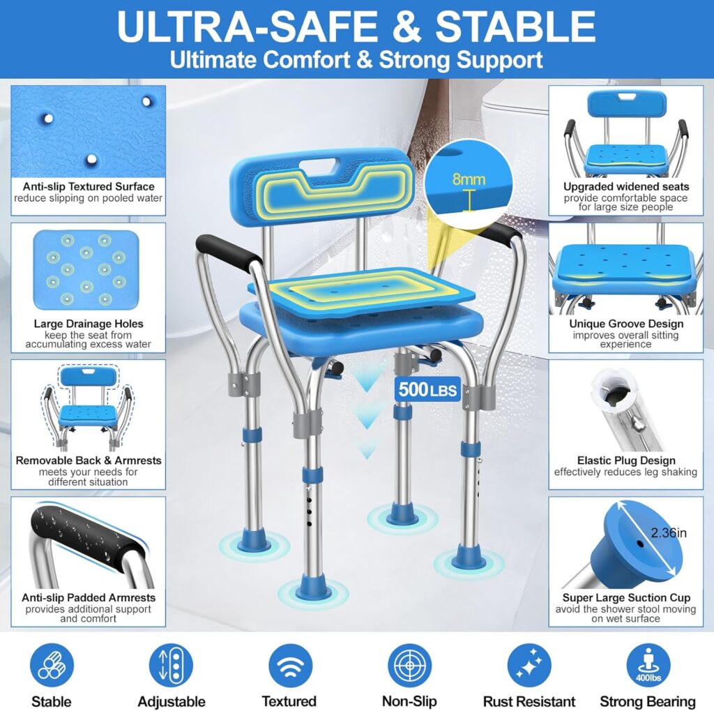 UGarden Heavy Duty Stainless Steel Shower Chair Seat, 500lbs Bath Chair w/Armrests and Back, Adjustable  Extra Wide Shower Chair for Bathtub, Shower Chair for Inside Shower, Shower Stools for Seniors