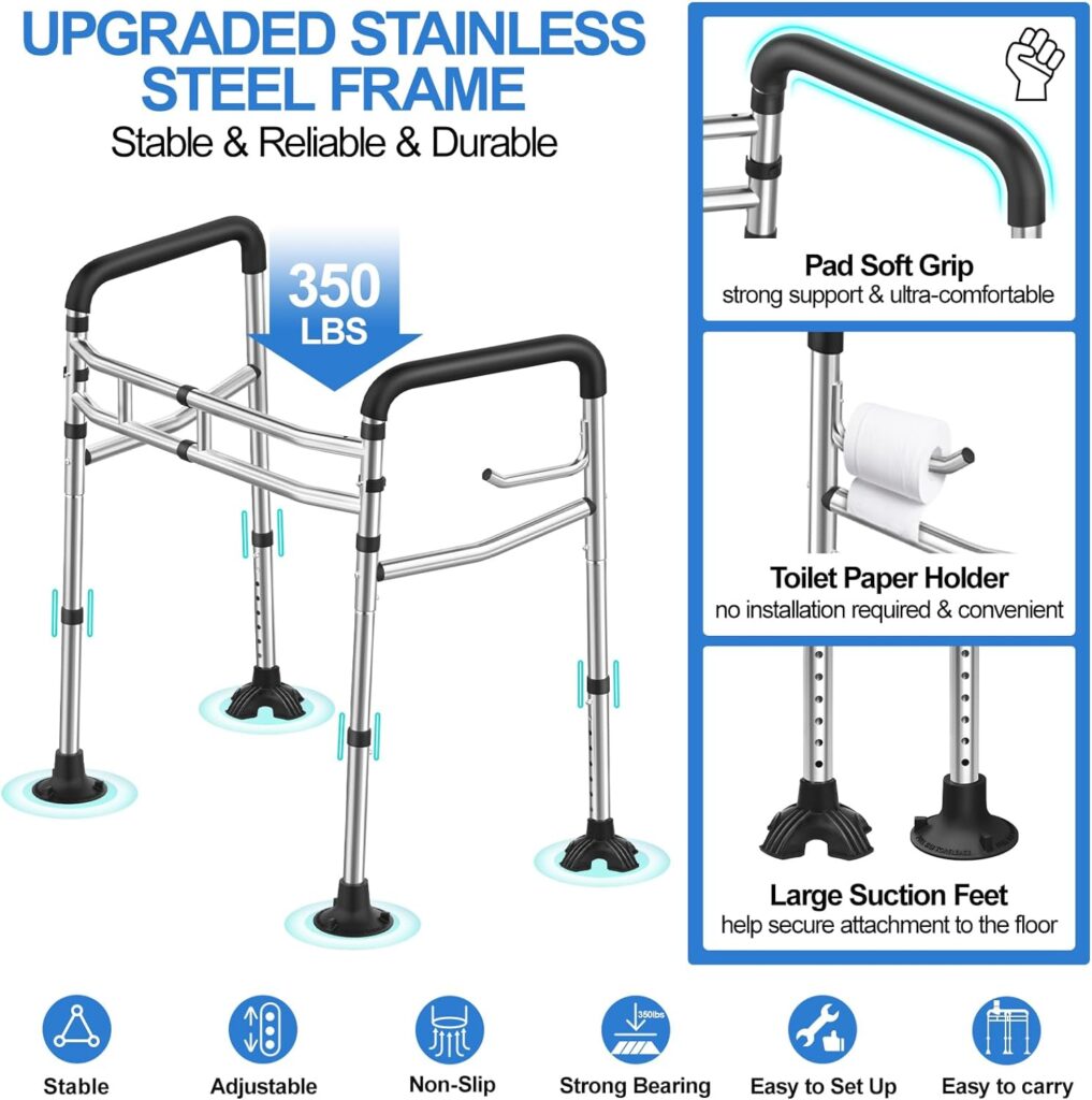 UGarden Upgraded Toilet Safety Rail, Stainless Steel Toilet Rail, 350LBS Toilet Rails for Seniors, Adjustable  Detachable Safety Frame for Toilet, Toilet Frame for Elderly Adults - Fits Most Toilets