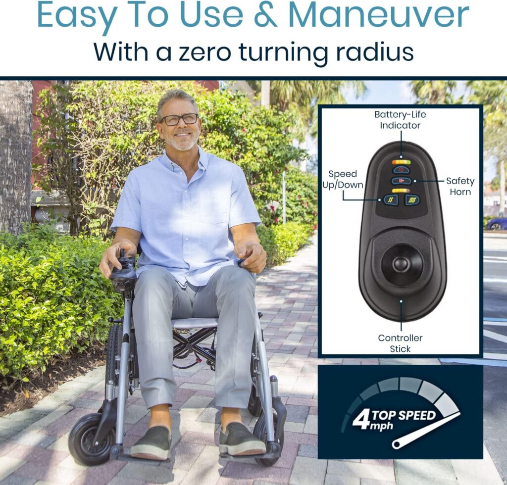 Vive Folding Electric Wheelchair - Foldable Wheel Chair, Narrow Power Scooter, Heavy Duty, TSA Approved - Compact Size for Seniors Adults - Battery Portable, Folds, Shock-Absorbing (16 x 30 x 28.5)