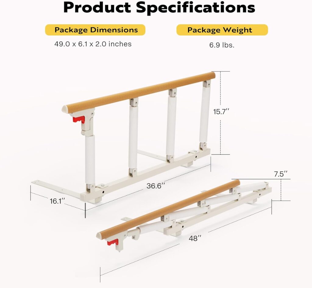 VIVOHOME Bed Rail for Elderly Adult Safety, Foldable Bed Assist Grab Bar for Seniors, Fall Prevent Medical Bedside Handle, Adjustable Bed Guard Support, Wood Color