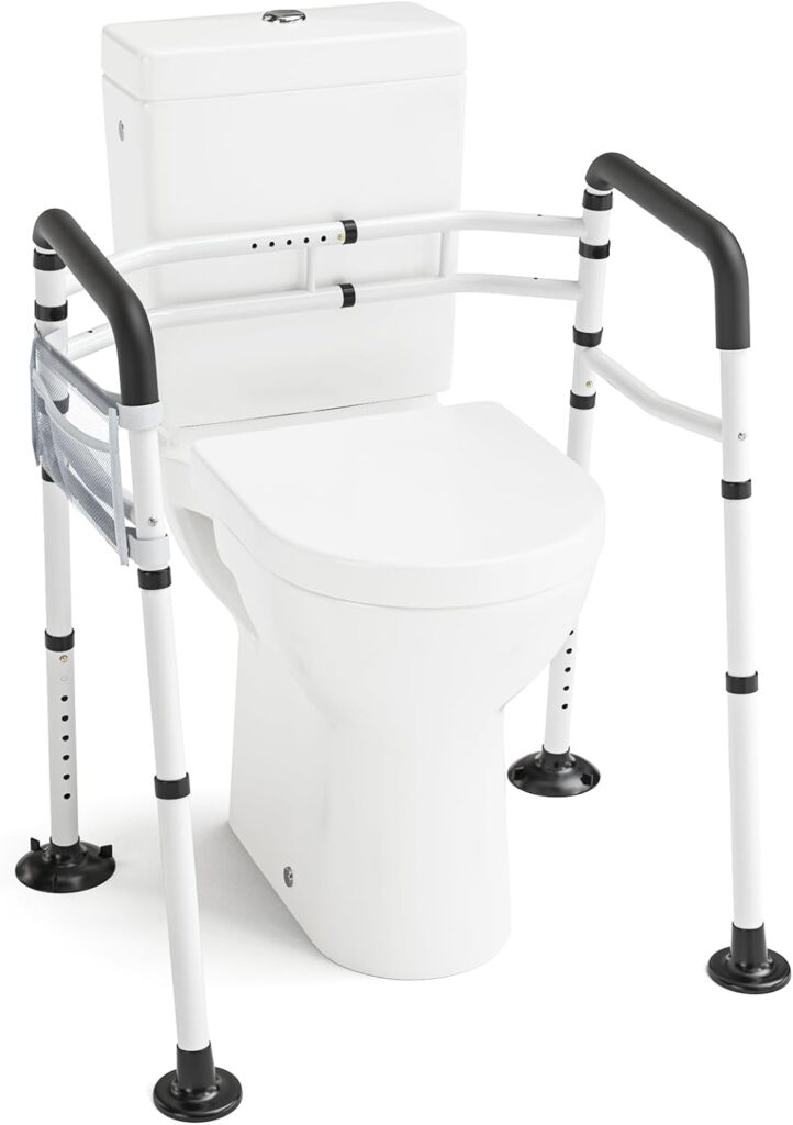 WAYES Toilet Safety Rail with Adjustable Width  Height for Elderly, Stand Alone Toilet Safety Frame Fit for Any Toilet, Foldable and Portable Handrails with Storage