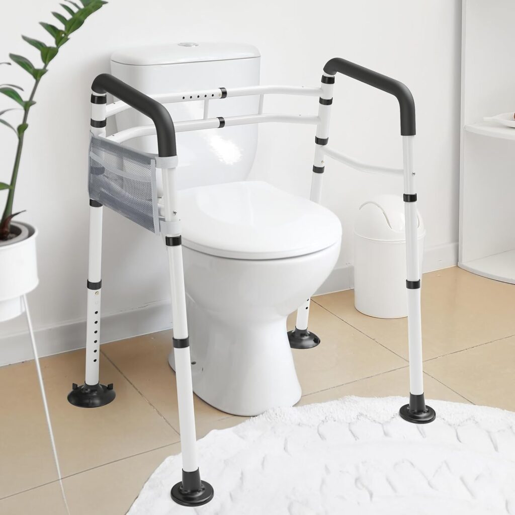 WAYES Toilet Safety Rail with Adjustable Width  Height for Elderly, Stand Alone Toilet Safety Frame Fit for Any Toilet, Foldable and Portable Handrails with Storage