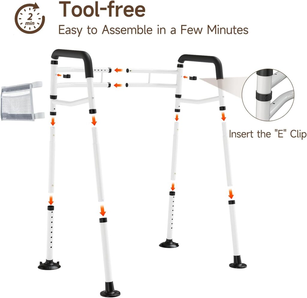 WAYES Toilet Safety Rail with Adjustable Width  Height for Elderly, Stand Alone Toilet Safety Frame Fit for Any Toilet, Foldable and Portable Handrails with Storage