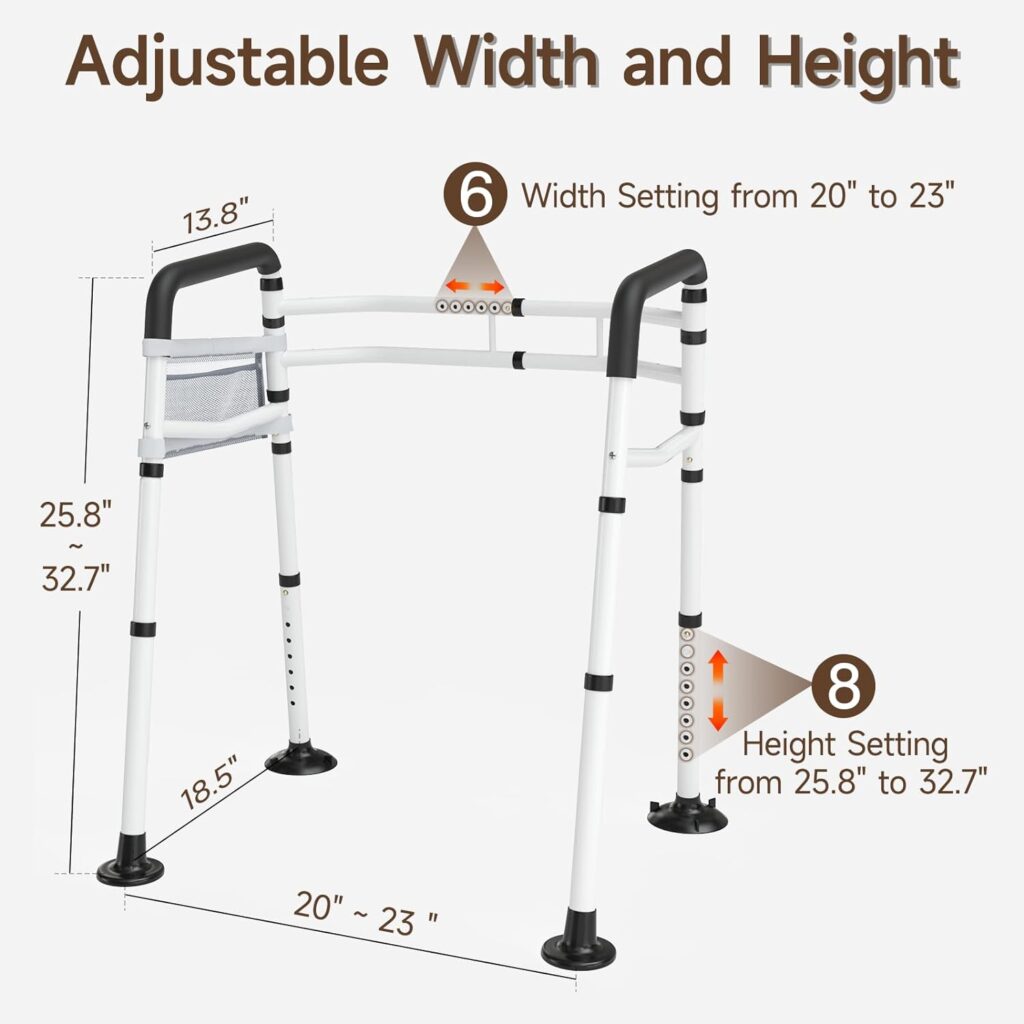 WAYES Toilet Safety Rail with Adjustable Width  Height for Elderly, Stand Alone Toilet Safety Frame Fit for Any Toilet, Foldable and Portable Handrails with Storage