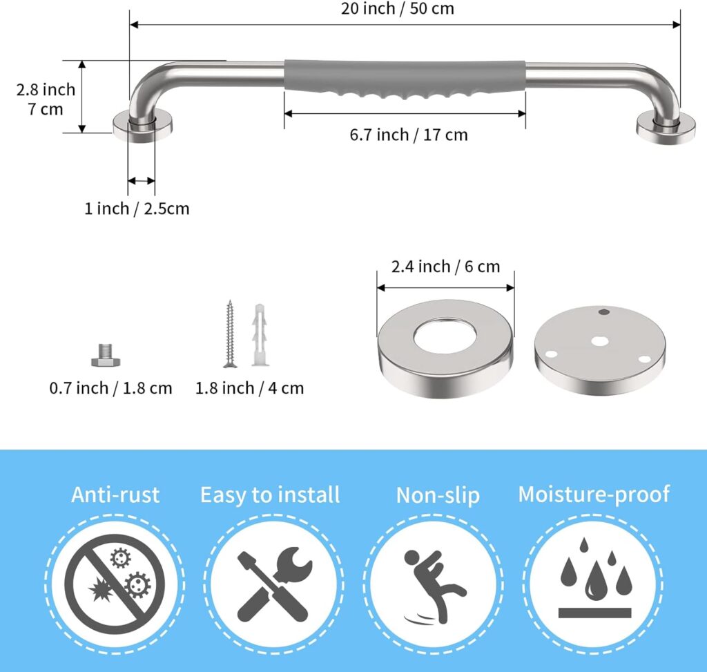 White Bathroom Grab Bar 20 Inch - 1” Diameter, Zepolu Stainless Steel Safety Shower Bars w/Gray Anti-Slip Rubber Grip, Shower Assist Handle for Wall Balance Support Bar Grab Rail for Elderly Senior