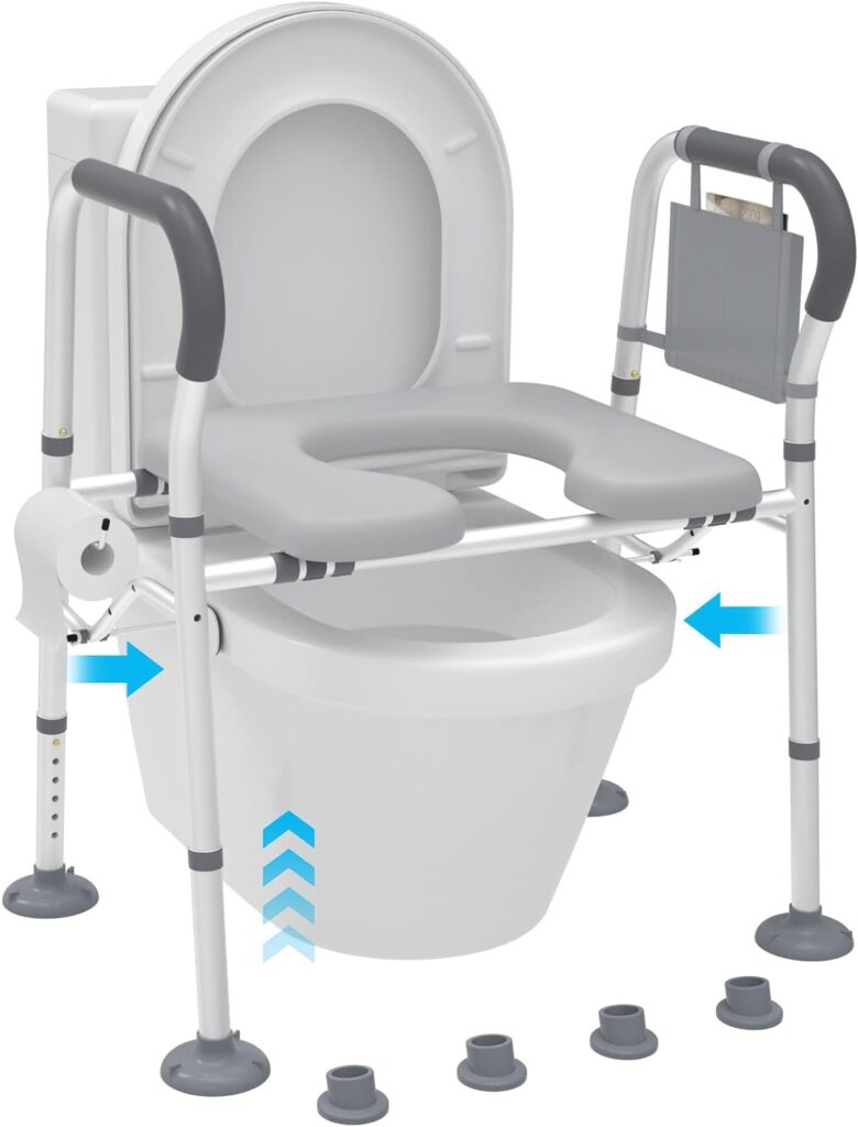 WHOMEC Raised Toilet Seat with Handles,Handicap Toilet Seat Riser with Bars,Commode Toilet for Seniors,w/Storage Bag,Paper Holder 360lb Adjustable Safety Toilet Chair for Elderly, Handicap, Pregnant.