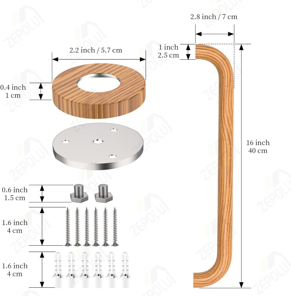 Wood Grain Shower Grab Bar 16 Inch, Zepolu Stainless Steel Safety Bar Wall Mount wooden grab bar, Bathroom Balanced Handrail Shower Support Assist Handle for Elderly Senior Handicap Injury-1 Diameter