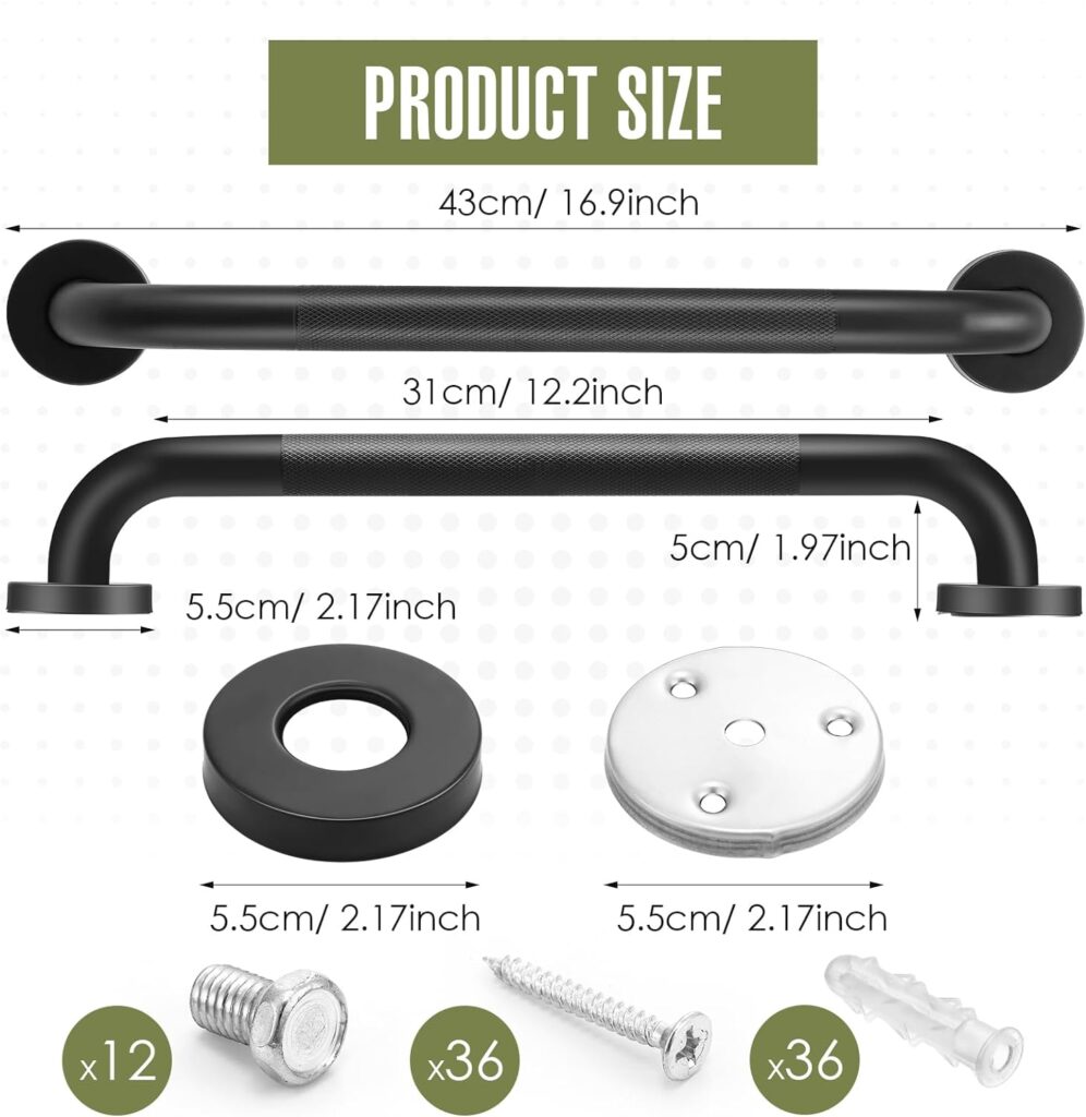 Yaocom 6 Pack Matte Black Shower Grab Bar 16 Inch 304 Stainless Steel Bathroom Grab Bar Shower Handle Handicap Grab Bars Hand Rails for Bathroom Toilet Elderly Seniors Bathtub Safety Accessories