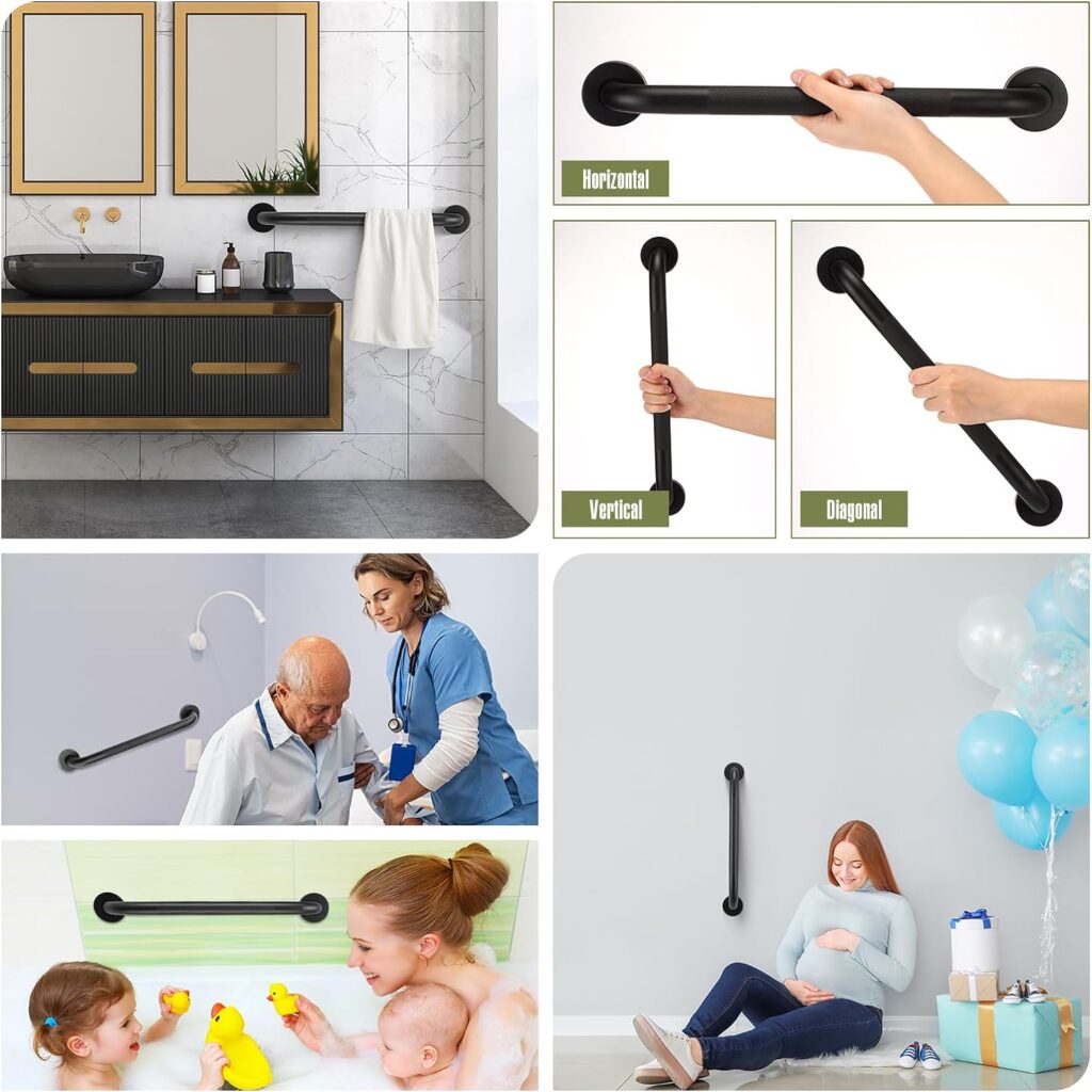 Yaocom 6 Pack Matte Black Shower Grab Bar 16 Inch 304 Stainless Steel Bathroom Grab Bar Shower Handle Handicap Grab Bars Hand Rails for Bathroom Toilet Elderly Seniors Bathtub Safety Accessories