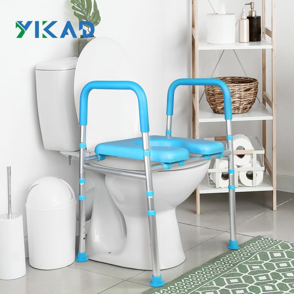 YIKAD Raised Toilet Seat Riser with Handles, Premium Elevated Stable Commode Cozy Padded Up to 400 lbs, Adjustable Width/Height Safety Toilet Seat Riser for Seniors, Handicap, Pregnant