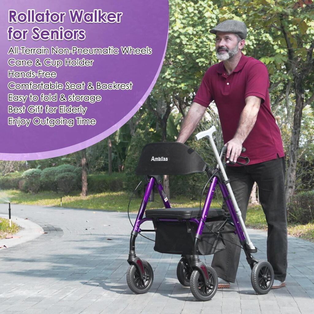 Rollator Walker 10 Non-Pneumatic Front Wheels Rollator Walkers for Seniors with Adjustable Seat and Arms Blue Aluminum Foldable Medical Walker Locking Brakes Removable Back Support up 300 lbs