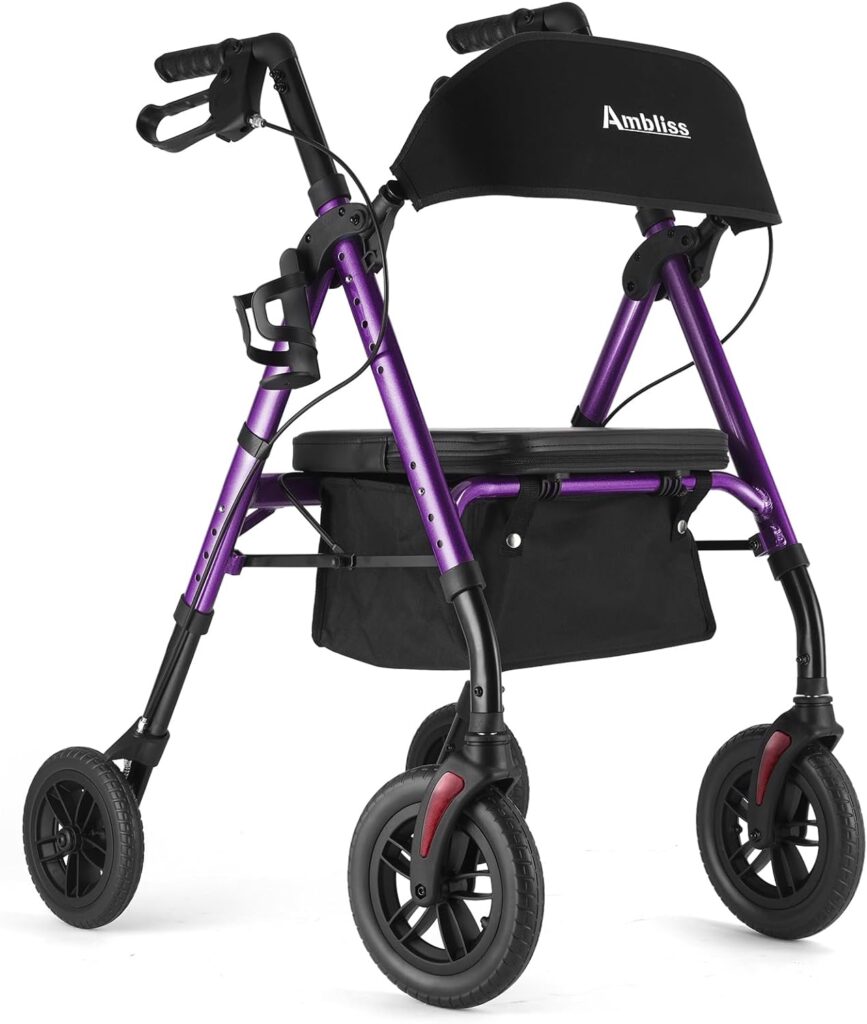 Rollator Walker 10 Non-Pneumatic Front Wheels Rollator Walkers for Seniors with Adjustable Seat and Arms Blue Aluminum Foldable Medical Walker Locking Brakes Removable Back Support up 300 lbs