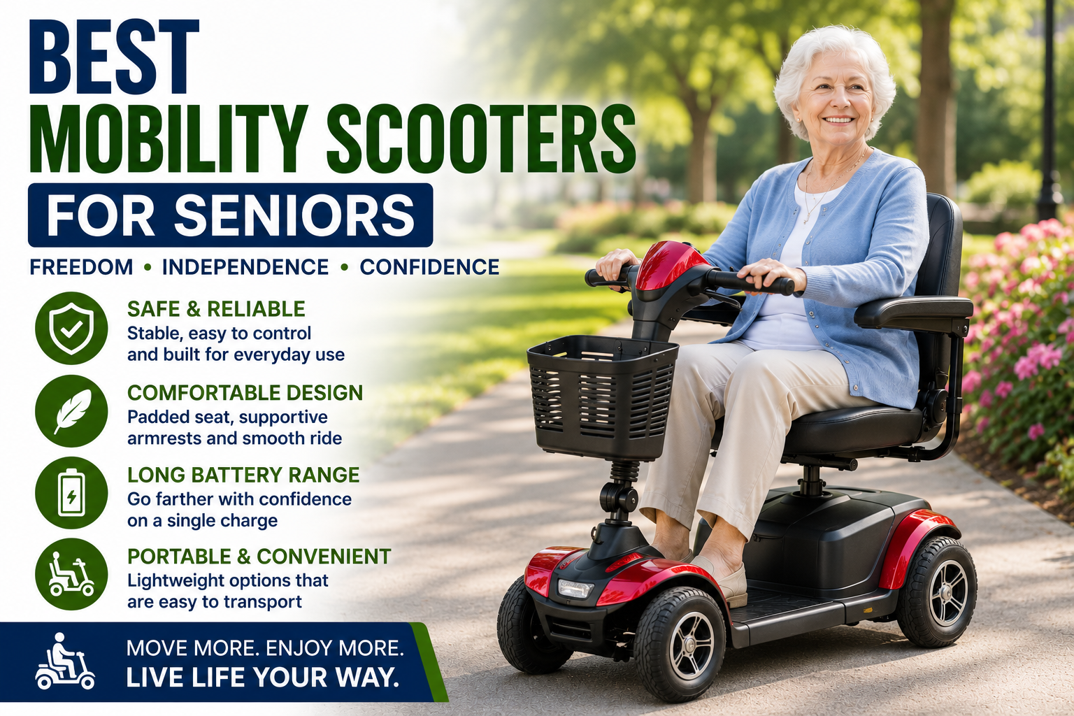 Senior woman riding a mobility scooter outdoors