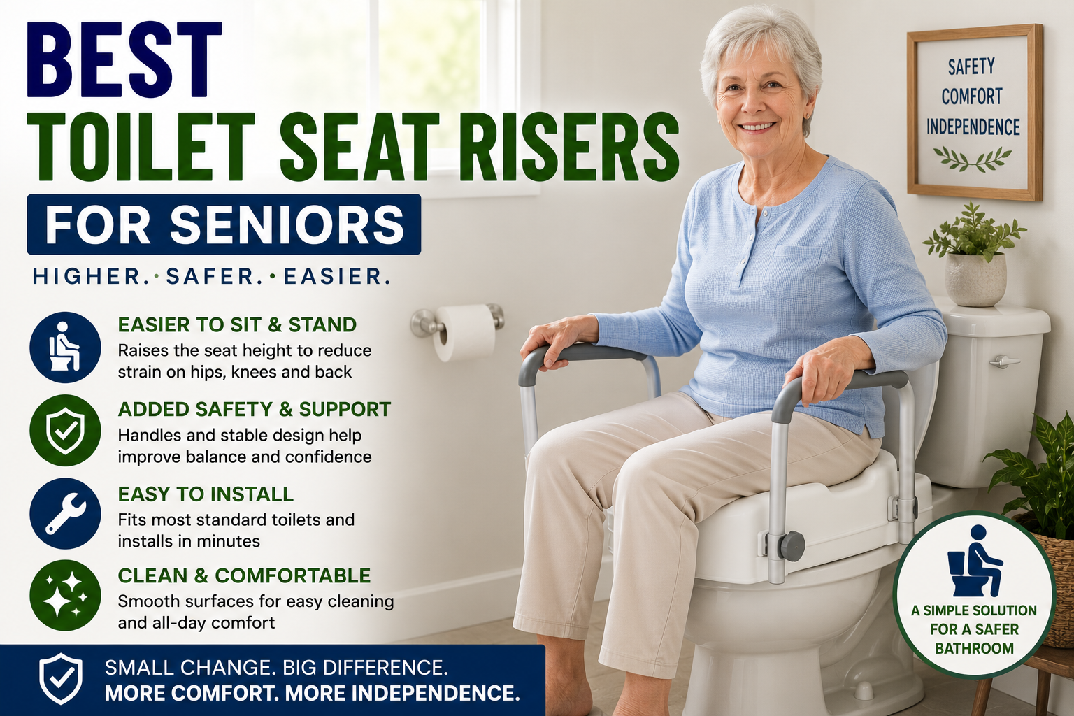 Senior woman using a toilet seat riser with safety handles